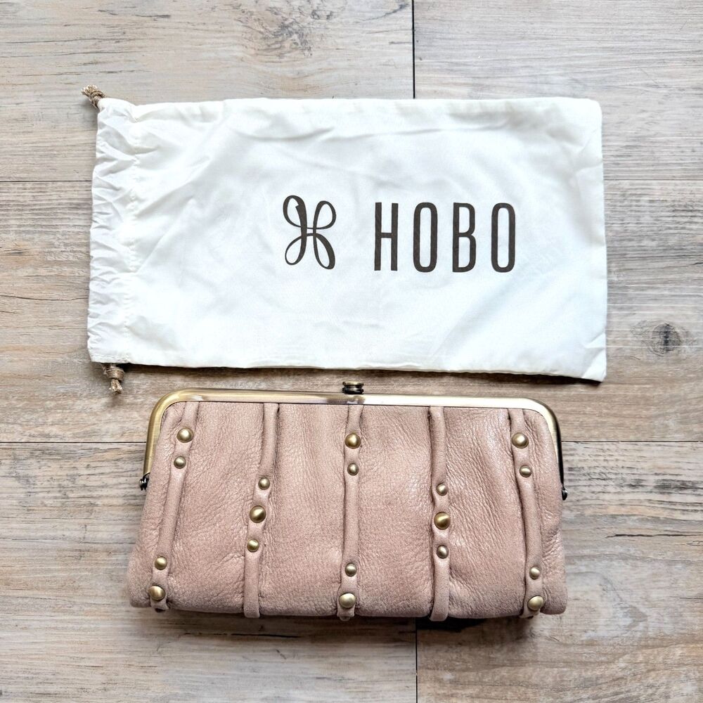 HOBO Lauren Hazel Pleated Leather Studded Frame Clutch Wallet Kiss Lock Organize
